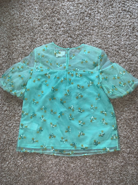 Anthropologie Sabine Beaded Sequin Mint Green Embroidered Puff Sleeve Blouse - Picture 9 of 11